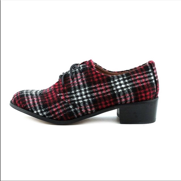 Red Wine Plaid Fabric Lace Up Boyfriend Oxfords - Picture 7 of 8